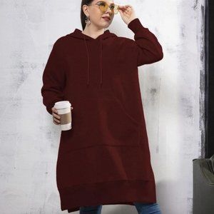 Plus Kangaroo Pocket Slit Hem Drawstring Hoodie